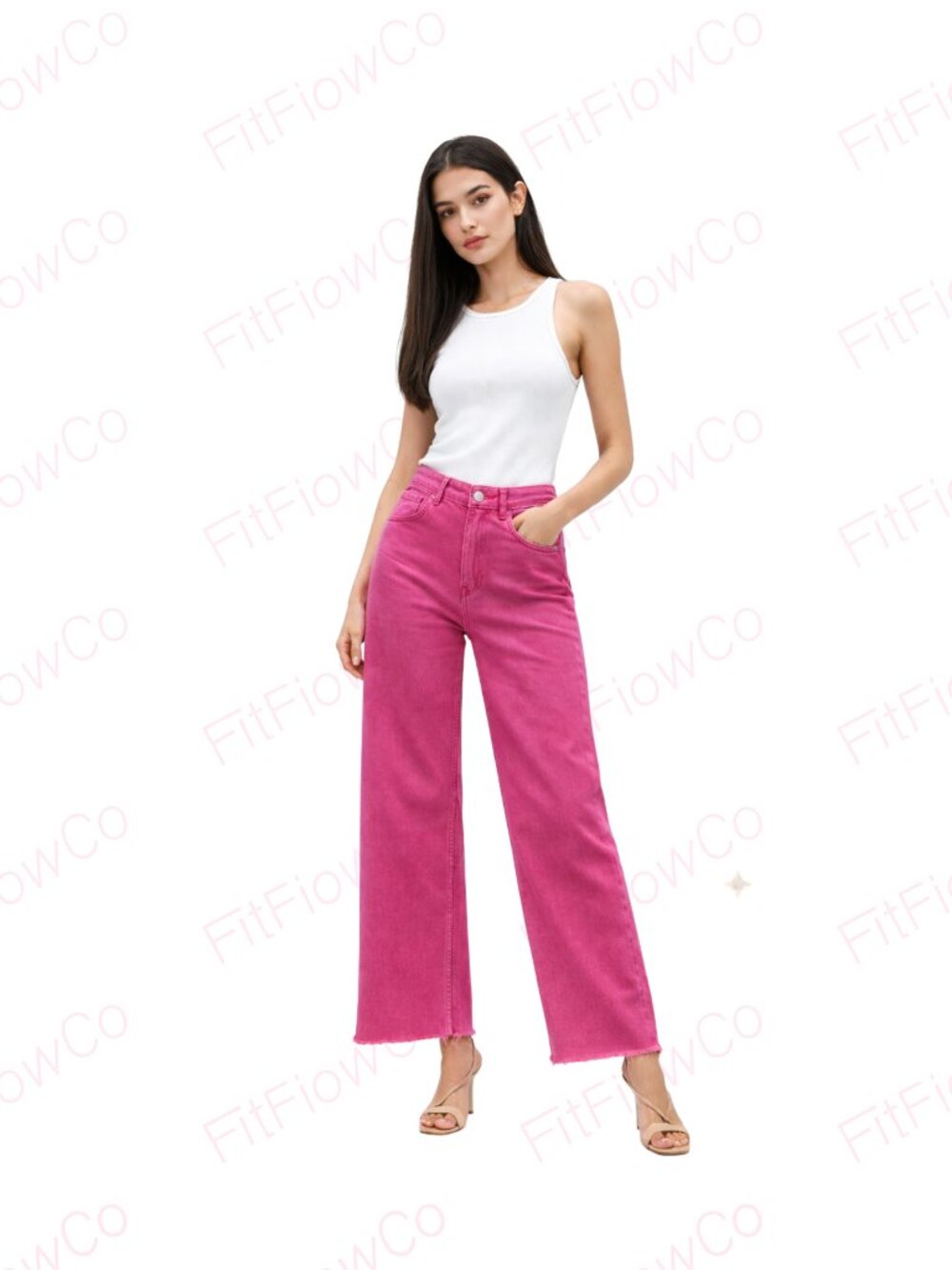 ZARA Hot Pink High Rise Wide Leg Jeans Raw Hem Barbiecore XS 2